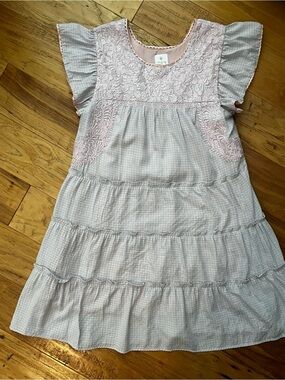 Blue and Pink Embroidered Tiered Dress